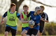 29 October 2014; Thomas Kelly, right, in action against Tom Mason, centre, and Jake O'Brien, during the Leinster School of Excellence on Tour in Cill Dara RFC, Cill Dara RFC, Co. Kildare. Picture credit: Barry Cregg / SPORTSFILE