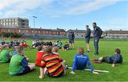 29 October 2014; Leinster School of Excellence coach Billy Phelan, left, with Leinster players Rory O'Loughlin, centre, and Adam Byrne during the Leinster School of Excellence on Tour in Donnybrook, Donnybrook Stadium, Dublin. Picture credit: Matt Browne / SPORTSFILE