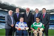 29 October 2014; Pictured in attendance at the launch are, from left, Tim Maher, Wheelchair Hurling Inventor, Cian Nelson, Camogie Operations, Shane Curran, Connacht & Galway, sponsor Martin Donnelly, Zahid Mahomed, Leinster & Dublin, Paraic Duffy, Ard-Stiúrthóir Cumann Luthchleas Gael and Paschal Donohoe, Minister for Transport, Tourism & Sport. M. Donnelly GAA Interprovincial Wheelchair Hurling Launch, Croke Park, Dublin. Picture credit: Ramsey Cardy / SPORTSFILE