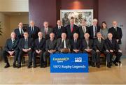 28 October 2014; The international Rugby Grand Slam title which got away from Ireland in 1972 was recalled with varying degrees of pride and pain when members of the team coached by Ronnie Dawson, regrouped for the first time in 42 years in Dublin today, on the occasion of the Golden Legends Lunch awards, organised by the Association of Sports Journalists in conjunction with Lucozade Sport. At the event are back row; left to right; Ronnie Dawson, team coach, Fergus Slattery, Sean Lynch, Con Feighery, Willie John McBride, Denis Hickie, Tom Grace, Elizabeth Sheehan, Marketing Director at Lucozade and Stuart McKinney. Front row, Louis Magee, IRFU President, Barry McGann, Mike Gibson, Ken Kennedy, Tom Kiernan, Kevin Flynn, Ray McLoughlin, Wallace McMaster, Johnny Maloney. ASJI Golden Legends Lunch, Croke Park Hotel, Jones' Road, Dublin. Picture credit: Ray McManus / SPORTSFILE