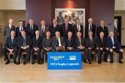 28 October 2014; The international Rugby Grand Slam title which got away from Ireland in 1972 was recalled with varying degrees of pride and pain when members of the team coached by Ronnie Dawson, regrouped for the first time in 42 years in Dublin today, on the occasion of the Golden Legends Lunch awards, organised by the Association of Sports Journalists in conjunction with Lucozade Sport. At the event are back row; left to right; Peter Byrne, President of the Association of Sports Journalists Ireland, Ronnie Dawson, team coach, Fergus Slattery, Sean Lynch, Con Feighery, Willie John McBride, Denis Hickie, Tom Grace and Stuart McKinney. Front row, Louis Magee, IRFU President, Barry McGann, Mike Gibson, Ken Kennedy, Tom Kiernan, Kevin Flynn, Ray McLoughlin, Wallace McMaster, Johnny Maloney, Jimmy Magee, Association of Sports Journalists Ireland. ASJI Golden Legends Lunch, Croke Park Hotel, Jones' Road, Dublin. Picture credit: Ray McManus / SPORTSFILE