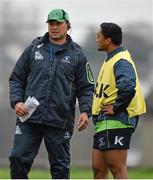 29 October 2014; Connacht head coach Pat Lam in conversation with Bundee Aki during squad training ahead of their Guinness Pro12, Round 7, match against Ospreys on Friday. Connacht Rugby Squad Training, Sportsground, Galway. Picture credit: Diarmuid Greene / SPORTSFILE