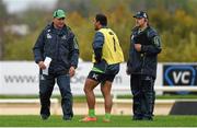 29 October 2014; Connacht head coach Pat Lam, left, and assistant coach Dan McFarland, right, in conversation with Bundee Aki during squad training ahead of their Guinness Pro12, Round 7, match against Ospreys on Friday. Connacht Rugby Squad Training, Sportsground, Galway. Picture credit: Diarmuid Greene / SPORTSFILE