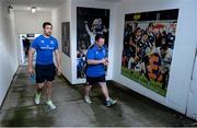 30 October 2014; Leinster's Kevin McLaughlin and head coach Matt O'Connor arrive for a press conference ahead of their Guinness PRO12 Round 7 match against Edinburgh on Friday. RDS Arena, Ballsbridge, Dublin. Picture credit: Stephen McCarthy / SPORTSFILE