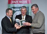 30 October 2014; Eugene McGee with former GAA Presidents Seán Kelly, MEP, and Seán McCague, right, at the launch of his book 'The GAA in My Time' by Eugene McGee. Croke Park, Dublin. Picture credit: Matt Browne / SPORTSFILE