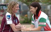 3 May 2007; Galway captain Annette Clarke comes face to face with her Mayo counterpart Christina Heffernan in Galway's Eyre Square ahead of the Division 1 Suzuki Ladies National League Final in Dr Hyde Park, Roscommon, this Sunday. Eyre Square, Galway. Picture credit: Ray Ryan / SPORTSFILE