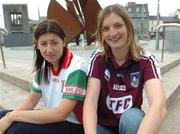 3 May 2007; Galway captain Annette Clarke comes face to face with her Mayo counterpart Christina Heffernan in Galway's Eyre Square ahead of the Division 1 Suzuki Ladies National League Final in Dr Hyde Park, Roscommon, this Sunday. Eyre Square, Galway. Picture credit: Ray Ryan / SPORTSFILE