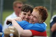 5 May 2007; Kerry Wilson, Carrick Knights Special Olympics Club, Carrickfergus, Co. Antrim, celebrates a goal for Ulster with the Club Leader Elaine Hand during the Special Olympics Women's Football Cup Competition 2007. AUL Complex, Clonshaugh, Dublin. Picture credit: Ray McManus / SPORTSFILE
