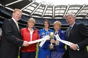 8 May 2007; Cavan captain Elaine Reilly with, from left, Gary Desmond, CEO Gala, Catherine Gaynor, secretary Cavan Camogie Board, Liz Howard, President of the Camogie Association, and Liam Peters, Executive Chairman Gala, at the launch of the Gala All-Ireland Senior and Junior Camogie Championships. Croke Park, Dublin. Photo by Sportsfile