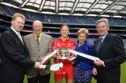 8 May 2007; Cork captain Gemma O'Connor, with, from left, Gary Desmond, CEO Gala, John Cronin, manager, Liz Howard, President of the Camogie Association and Liam Peters, Executive Chairman Gala, at the launch of the Gala All-Ireland Senior and Junior Camogie Championships. Croke Park, Dublin. Photo by Sportsfile