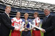 8 May 2007; Derry players Claire Doherty and Aileen Laverty with, from left, Gary Desmond, CEO Gala, Liz Howard, President of the Camogie Association, and Liam Peters, Executive Chairman Gala, at the launch of the Gala All-Ireland Senior and Junior Camogie Championships. Croke Park, Dublin. Photo by Sportsfile