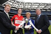 8 May 2007; Down captain Theresa McGowan with, from left, Gary Desmond, CEO Gala, Liz Howard, President of the Camogie Association, and Liam Peters, Executive Chairman Gala, at the launch of the Gala All-Ireland Senior and Junior Camogie Championships. Croke Park, Dublin. Photo by Sportsfile