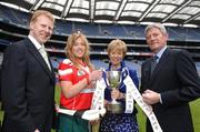 8 May 2007; Louth captain Ailish Mulholland with, from left, Gary Desmond, CEO Gala, Liz Howard, President of the Camogie Association and Liam Peters, Executive Chairman Gala, at the launch of the Gala All-Ireland Senior and Junior Camogie Championships. Croke Park, Dublin. Photo by Sportsfile
