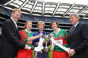 8 May 2007; Mayo players Maeve Murphy, left, and Ann Sweeney, with from left, Gary Desmond, CEO Gala, Liz Howard, President of the Camogie Association and Liam Peters, Executive Chairman Gala, at the launch of the Gala All-Ireland Senior and Junior Camogie Championships. Croke Park, Dublin. Photo by Sportsfile