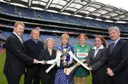 8 May 2007; Meath captain Aileen Donnelly, with from left, Gary Desmond, CEO Gala, Meath manager John Davis, Terry Tormey, Liz Howard, President of the Camogie Association, Siobhan Commerford and Liam Peters, Executive Chairman Gala, at the launch of the Gala All-Ireland Senior and Junior Camogie Championships. Croke Park, Dublin. Photo by Sportsfile