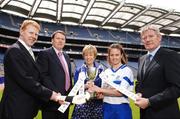 8 May 2007; Monaghan captain Mary McElroy with, from left, Gary Desmond, CEO Gala, Eamonn King, Liz Howard, President of the Camogie Association and Liam Peters, Executive Chairman Gala at the launch of the Gala All-Ireland Senior and Junior Camogie Championships. Croke Park, Dublin. Photo by Sportsfile