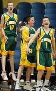 9 May 2007; St. Brendan's College players, from left, Conor Magill, Bryan Griffin, and Con O'Mahoney, celebrate a score. Schools Basketball Second Year Finals, A Boys Final, St. Joseph's College, Galway v St. Brendan's College, Killarney, National Basketball Arena, Tallaght, Dublin. Picture credit: Brian Lawless / SPORTSFILE
