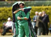 10 May 2007; Ireland captain Trent Johnston celebrates his hat-trick wicket against Alex Gidman, Gloucestershire, with team-mates Andrew White and Gary Wilson. ECB Friends Provident One Day Trophy, Ireland v Gloucestershire, Castle Avenue, Clontarf, Dublin. Picture credit: Matt Browne / SPORTSFILE