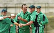 10 May 2007; Trent Johnston, Ireland, is congratulated by Kevin O'Brien after his fourth wicket against Gloucestershire. ECB Friends Provident One Day Trophy, Ireland v Gloucestershire, Castle Avenue, Clontarf, Dublin. Picture credit: Matt Browne / SPORTSFILE