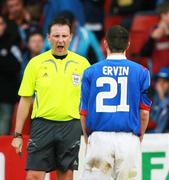 12 May 2007; Jim Ervin, Linfield, gets a warning from referee, Adrian McCourt. Setanta Sports Cup Final, Linfield v Drogheda United, Windsor Park, Belfast, Co. Antrim. Picture credit: Russell Pritchard / SPORTSFILE