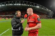 24 October 2014; Munster's Paul O'Connell is interviewed  by former Connacht and Ireland rugby player Gavin Duffy after the game. European Rugby Champions Cup 2014/15, Pool 1, Round 2, Munster v Saracens, Thomond Park, Limerick. Picture credit: Matt Browne / SPORTSFILE