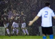 31 October 2014; Galway's Gary Shanahan, second from left, celebrates after scoring his side's first goal with team-mates, from left, Alex Bryrne, Ryan Manning and Jake Keegan. SSE Airtricity League Promotion/Relegation,   Play-Off, Second Leg, Galway v UCD, Eamonn Deacy Park, Galway. Picture credit: David Maher / SPORTSFILE