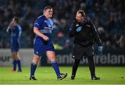 31 October 2014; Tadhg Furlong, Leinster, leaves the field with an injury accompanied by Dr. John Ryan, team doctor. Guinness PRO12, Round 7, Leinster v Edinburgh. RDS, Ballsbridge, Dublin. Picture credit: Stephen McCarthy / SPORTSFILE