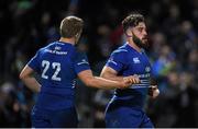 31 October 2014; Mick McGrath, Leinster, is congratulated by team-mate Steve Crosbie after scoring his side's fifth try. Guinness PRO12, Round 7, Leinster v Edinburgh. RDS, Ballsbridge, Dublin. Picture credit: Stephen McCarthy / SPORTSFILE