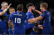 31 October 2014; Mick McGrath, Leinster, is congratulated by team-mates, Darragh Fanning, left, Jimmy Gopperth, 10, and Luke Fitzgerald, right, after scoring his side's fifth try. Guinness PRO12, Round 7, Leinster v Edinburgh. RDS, Ballsbridge, Dublin. Picture credit: Stephen McCarthy / SPORTSFILE