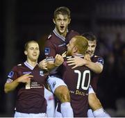 31 October 2014; Galway's Alex Byrne, centre, celebrates after scoring his side's third goal with team-mates Ryan Connolly and Ryan Manning. SSE Airtricity League Promotion/Relegation, Play-Off, Second Leg, Galway v UCD, Eamonn Deacy Park, Galway. Picture credit: David Maher / SPORTSFILE