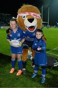31 October 2014; Matchday mascots John Maguire, from Clonskeagh, Dublin, left, and Zach Carty, from Castleknock, Dublin, right, with Leo The Lion ahead of the Guinness PRO12, Round 7, clash between Leinster and Edinburgh at the RDS, Ballsbridge, Dublin. Picture credit: Stephen McCarthy / SPORTSFILE