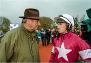 1 November 2014; Road to Riches trainer Noel Meade, left, and jockey Paul Carberry, after winning the JNwine.com Champion Steeplechase. Down Royal Racecourse, Lisburn, Co. Down. Picture credit: Oliver McVeigh / SPORTSFILE
