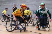 1 November 2014; Conn Nagle, Ulster, in action against Alex Hennebry, Leinster, during the M.Donnelly GAA Wheelchair Hurling Interprovincial third place playoff at the Knocknarea Arena, Institute of Technology, Sligo. Picture credit: Stephen McCarthy / SPORTSFILE