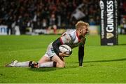1 November 2014; Stuart Olding, Ulster, celebrates scoring his side's first try of the game. Guinness PRO12, Round 7, Ulster v Newport Gwent Dragons, Kingspan Stadium, Ravenhill Park, Belfast, Co. Antrim. Picture credit: Oliver McVeigh / SPORTSFILE
