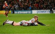 1 November 2014; Stuart Olding, Ulster, dives over to score his side's first try of the game. Guinness PRO12, Round 7, Ulster v Newport Gwent Dragons, Kingspan Stadium, Ravenhill Park, Belfast, Co. Antrim. Picture credit: Oliver McVeigh / SPORTSFILE