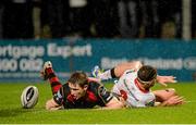 1 November 2014; Aled Brew, Newport Gwent Dragons, marginally beats Wiehahn Herbst, Ulster, to touch down the ball preventing an Ulster try. Guinness PRO12, Round 7, Ulster v Newport Gwent Dragons, Kingspan Stadium, Ravenhill Park, Belfast, Co. Antrim. Picture credit: Oliver McVeigh / SPORTSFILE