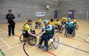 1 November 2014; Players shake hands ahead of the M.Donnelly GAA Wheelchair Hurling Interprovincial third place playoff between Ulster and Leinster at the Knocknarea Arena, Institute of Technology, Sligo. Picture credit: Stephen McCarthy / SPORTSFILE