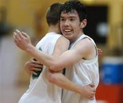 9 May 2007; James Mullarkey, right, Dunmore Community College, celebrates with team-mate Michael Brady after the match. Schools Basketball Second Year Finals, C Boys Final, Dunmore Community College, Galway v Cobh Community College, Cork, National Basketball Arena, Tallaght, Dublin. Picture credit: Brian Lawless / SPORTSFILE
