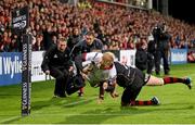 1 November 2014; Stuart Olding, Ulster, dives over the line to score his side's second try of the game. Guinness PRO12, Round 7, Ulster v Newport Gwent Dragons, Kingspan Stadium, Ravenhill Park, Belfast, Co. Antrim. Picture credit: John Dickson / SPORTSFILE