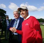 20 May 2007; John O'Leary, left, the last Irish winner of the Irish Open in 1992 congratulates Padraig Harrington on his success. Irish Open Golf Championship, Adare Manor Hotel and Golf Resort, Adare, Co. Limerick. Picture credit: Kieran Clancy / SPORTSFILE