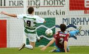25 May 2007; Tadhg Purcell, Shamrock Rovers, shoots to score his side's first goal despite the efforts of Damien Lynch, Drogheda United. eircom League of Ireland, Premier Division, Drogheda United v Shamrock Rovers, United Park, Drogheda, Co. Louth. Photo by Sportsfile