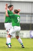 26 May 2007; Northern Ireland goalscorer Sarah McFadden, no. 9, celebrates with team-mate Una Harkin. Women's European Championship Qualifier, Northern Ireland v Czech Republic, The Showgrounds, Coleraine, Co. Derry. Picture credit; Russell Pritchard / SPORTSFILE