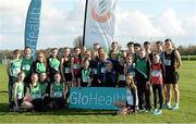 5 November 2014; Fionnuala Britton with young athletes, from athletics clubs, including, Glenmore A.C, St Gerards A.C, Blackrock A.C , Louth , Ardee & District A.C, St Peters A.C, Dunleer A.C and North East runners A.C, in attendance at the launch of the GloHealth National Cross Country Championships. Dundalk Institute of Technology, Co. Louth.  Picture credit: Oliver McVeigh / SPORTSFILE