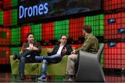 6 November 2014; Jay Bregman, left, Founder, Hailo, Christian Sanz, CEO, Skycatch, in conversation with Stephen Shankland, right, on the centre stage during Day 3 of the 2014 Web Summit in the RDS, Dublin, Ireland. Picture credit: Stephen McCarthy / SPORTSFILE / Web Summit