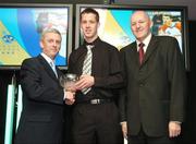 26 May 2007; Shane Duggan, Blue Demons, Cork, is presented with the Male Under 20 Player of the Year award by Timmy Murphy, left, and Tony Colgan, President of Basketball Ireland. Basketball Ireland Annual Awards 2007, Citywest Hotel, Conference, Leisure & Golf Resort, Saggart, Co Dublin. Picture credit: Brendan Moran / SPORTSFILE