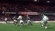 17 November 1993; Republic of Ireland's Alan McLaughlin, hidden, scores his side's equalising goal during the FIFA World Cup Qualifying Group 3 match between Northern Ireland and Republic of Ireland at Windsor Park in Belfast. Photo by David Maher/Sportsfile