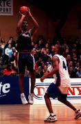 31 January 1999. Anthony Jenkins of Denny Notre Dame in action against Dion Wingfield of Blue Demons during the Sprite Cup Men's Basketball Final between Denny Notre Dame and Blue Demons at the National Basketball Arena in Tallaght, Dublin. Photo by Brendan Moran/Sportsfile