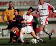 11 January 2000; Aubrey Dolan of Galway United in action against Marcus Hallows of St Patrick's Athletic during the Harp Larger FAI Cup Second Round Replay match between St Patrick's Athletic and Galway United at Richmond Park in Dublin. Photo by David Maher/Sportsfile