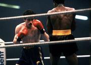 15 February 1986; Barry McGuigan, left, and Danilo Cabrera during their WBA World Featherweight Title fight at the RDS in Dublin. Photo by Ray McManus/Sportsfile