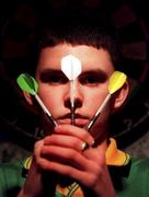 27 January 2000; 14 year-old darts ace Damien O'Connor from Kilbeggan, in Meath, poses for a portrait. Photo by Brendan Moran/Sportsfile